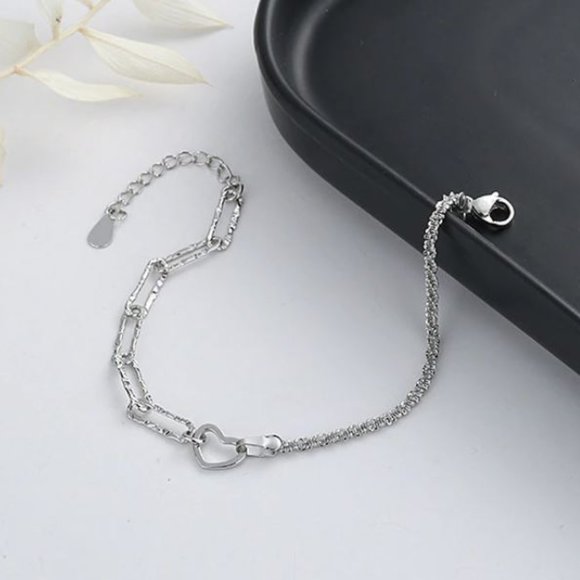 925 Sterling Silver Dainty Heart Chain Link Bracelet - Picture 5 of 8